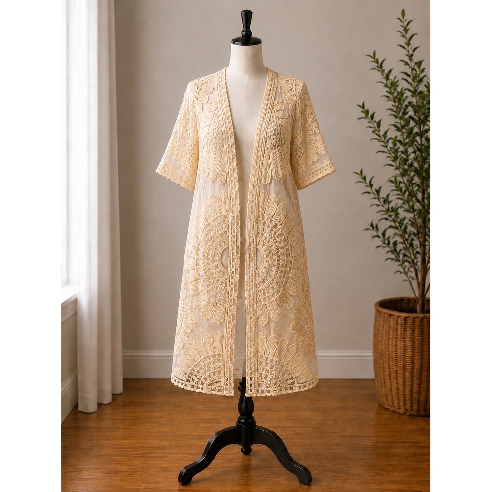 Rebellion Again Cream Lace Kimono Longline Crochet Mesh Boho Cardigan Small